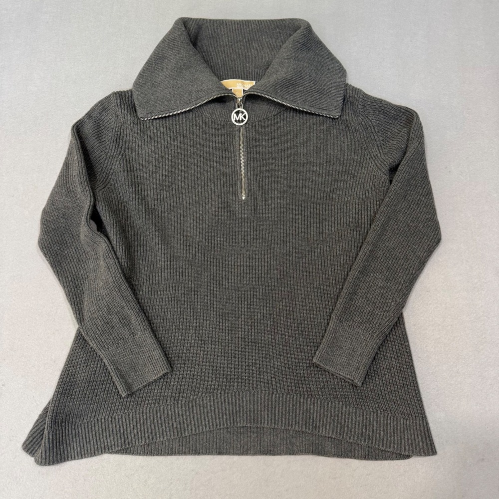 Michael Kors Sweater Women XL Gray Ribbed Quarter Zip Oversized Collar MK Logo
